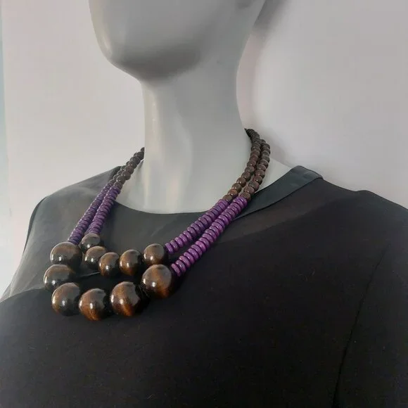 Brown Purple Wooden Beads Necklace 2 Layers Boho Earth Tone Statement Like New - Picture 2 of 9